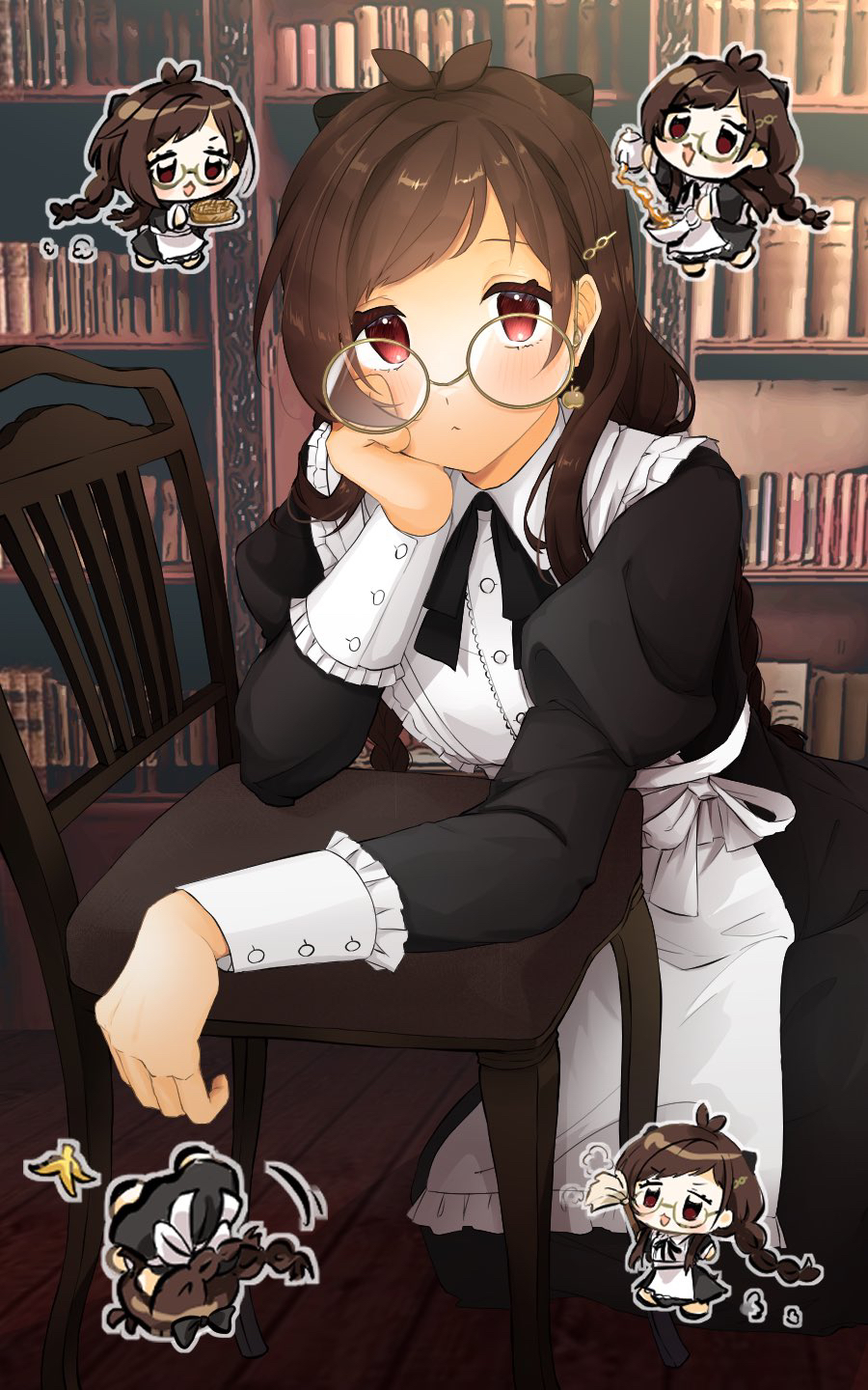 1girl, alternate_costume, antenna_hair, apple_pie, bespectacled, black_tea, book, bookshelf, braid, brown_hair, chibi, chibi_inset, cleaning, enmaided, expressionless, glasses, hand_on_own_cheek, hand_on_own_face, head_rest, highres, idolmaster, idolmaster_cinderella_girls, indoors, library, lli7chi, long_sleeves, looking_at_viewer, maid, neck_ribbon, outline, puffy_long_sleeves, puffy_sleeves, red_eyes, ribbon, round_eyewear, tea, tsujino_akari, twin_braids, wrist_cuffs
