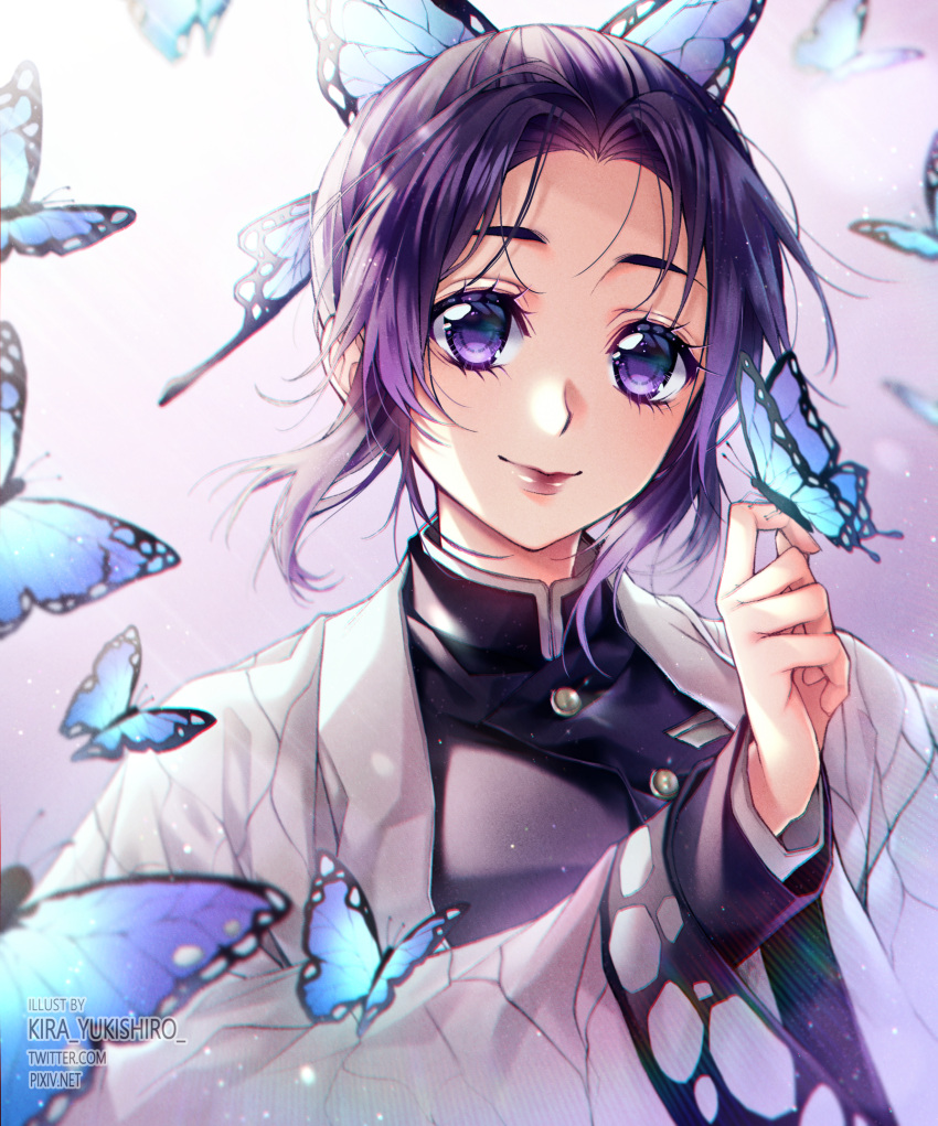 1girl, artist_name, blurry, bokeh, bug, butterfly, butterfly_hair_ornament, clip_studio_paint_(medium)