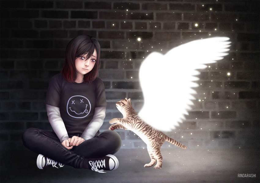 1girl, angel_wings, artist_name, bangs, black_hair, black_pants, black_shirt, brick_wall, cat, commentary_request, denim, gradient_hair, highres, jeans, layered_sleeves, long_sleeves, medium_hair, multicolored_hair, nirvana_(band), original, pants, redhead, rinoarashi, shirt, shoes, short_over_long_sleeves, short_sleeves, sneakers, violet_eyes, white_shirt, wings