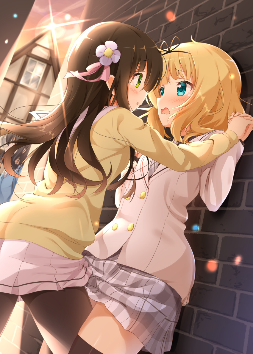 2girls, absurdres, against_wall, alley, blonde_hair, blush, brown_hair, eye_contact, flower, gochuumon_wa_usagi_desu_ka?, hair_flower, hair_ornament, highres, holding_hands, hoto_cocoa's_school_uniform, interlocked_fingers, kabedon, kafuu_chino, kirima_sharo, leg_between_thighs, looking_at_another, mika_miche, miniskirt, multiple_girls, school_uniform, skirt, tedeza_rize's_school_uniform, ujimatsu_chiya, yuri