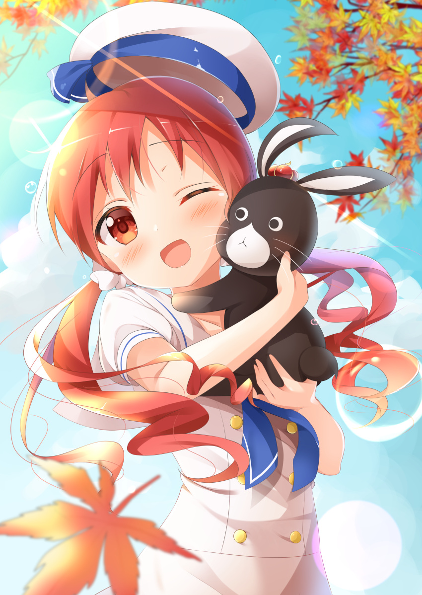 absurdres, anko_(gochiusa), ascot, autumn, autumn_leaves, blue_ascot, buttons, double-breasted