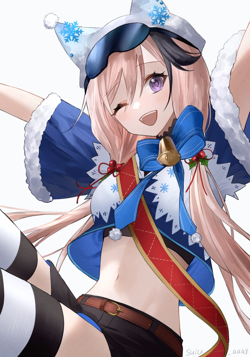 :d, animal_ear_headwear, arknights, arms_up, bangs, banner, bell, belt