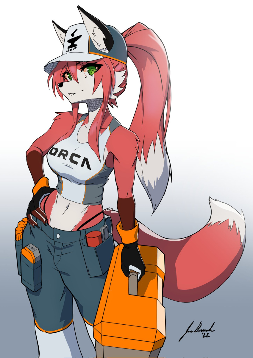 cargo_shorts, ears, ears_through_headwear, furry, furry_female, gloves, green_eyes, hat