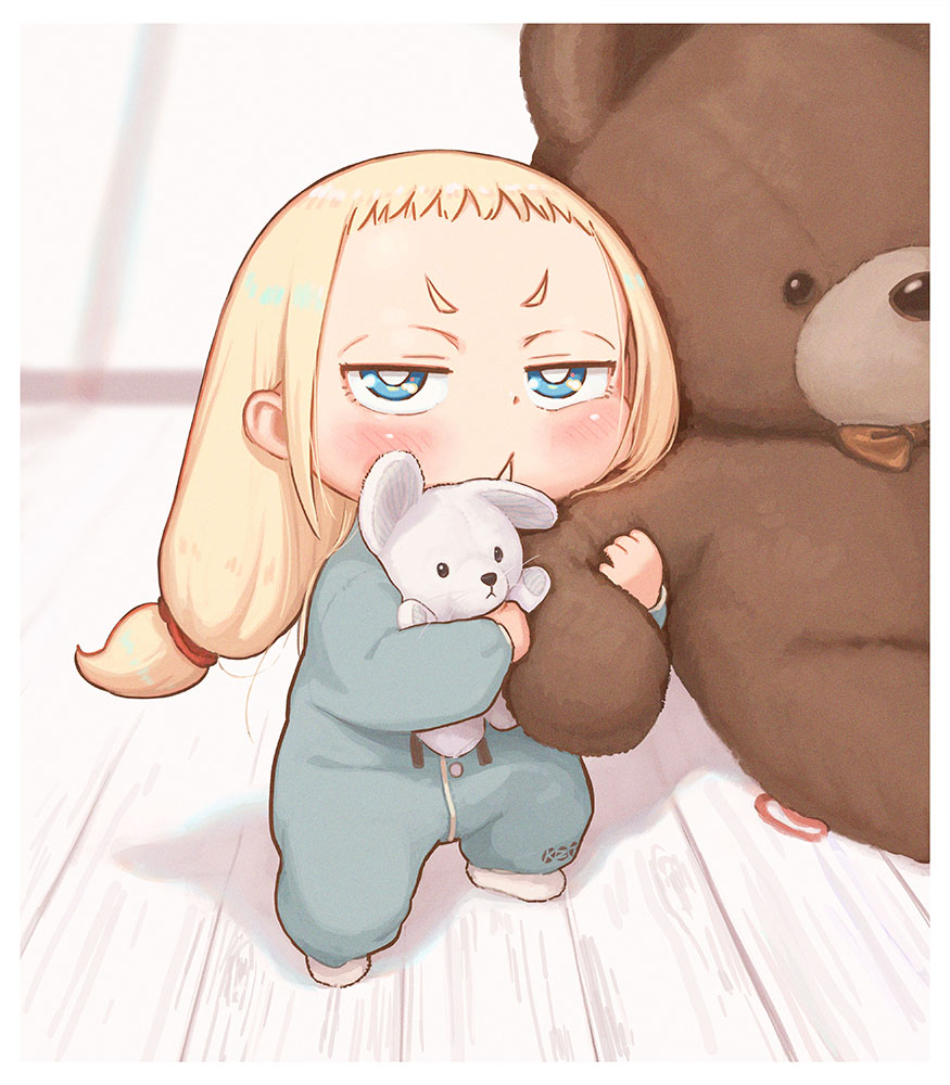 1girl, :<, bangs, blonde_hair, blue_eyes, blurry, blurry_background, blush