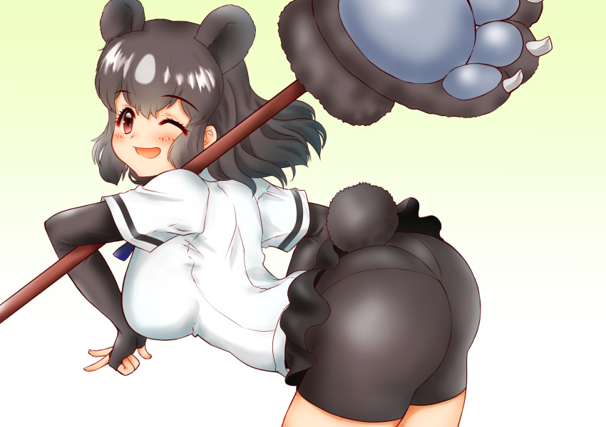 1girl, animal_ears, arched_back, ass, bangs, bear_ears, bear_girl, bear_paw_hammer