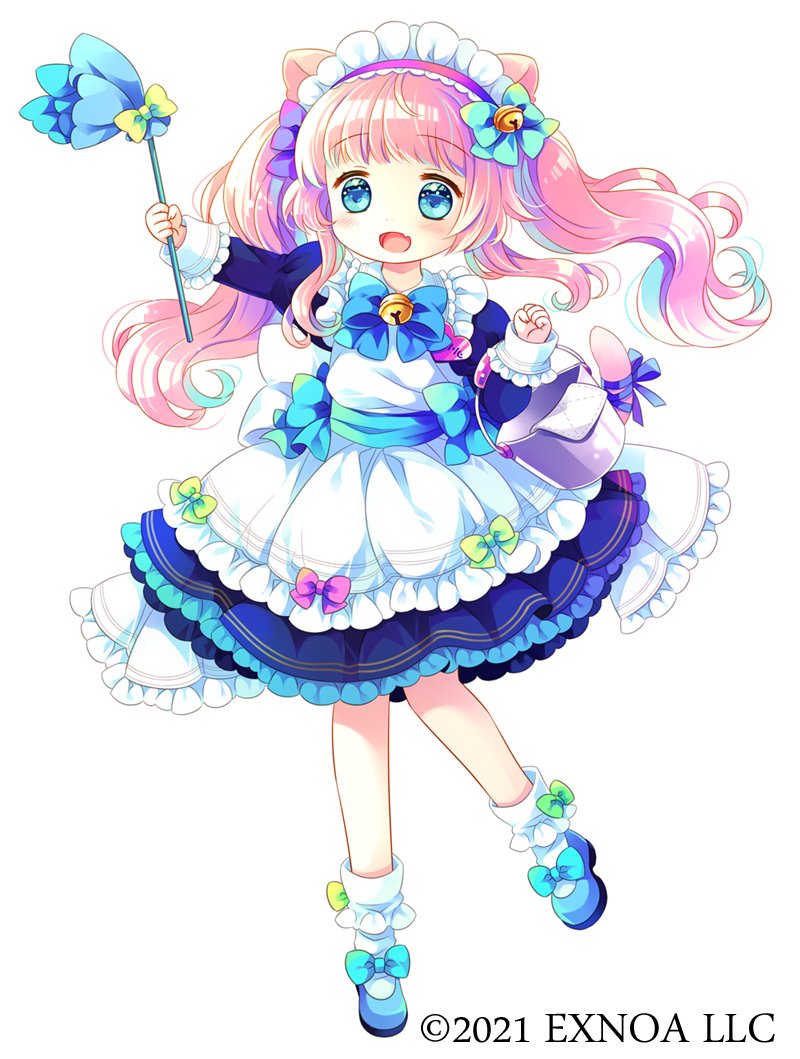 1girl, :d, animal_ears, apron, bell, blue_bow, blue_dress, blue_eyes