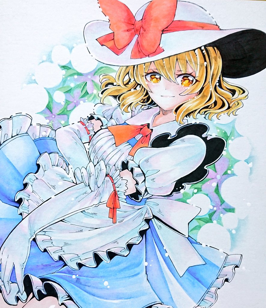 1girl, apron, back_bow, blonde_hair, blue_dress, bow, chaka3464, collared_dress, dress, elbow_gloves, eyelashes, flower, frilled_apron, frilled_dress, frills, gloves, hat, hat_bow, kana_anaberal, puffy_short_sleeves, puffy_sleeves, red_bow, red_ribbon, ribbon, short_hair, short_sleeves, smile, sun_hat, touhou, touhou_(pc-98), traditional_media, wavy_hair, white_apron, white_bow, white_gloves, white_headwear, yellow_eyes