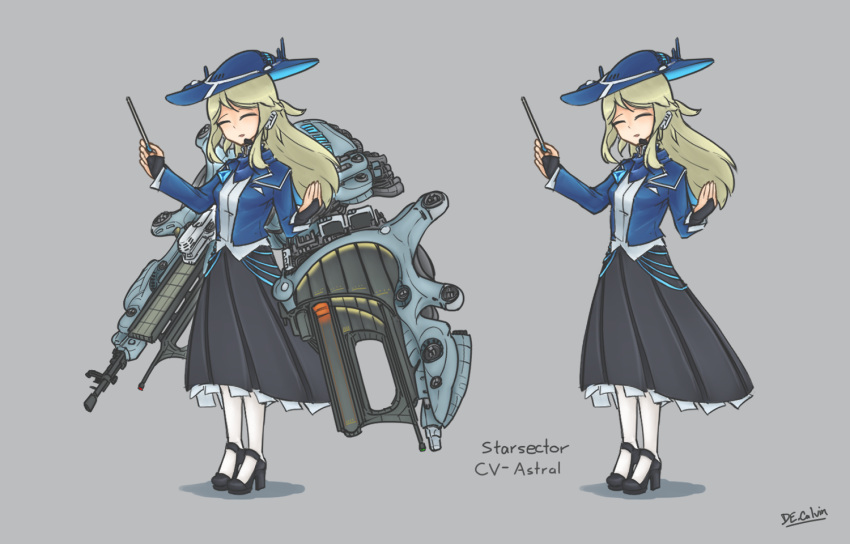 1girl, artist_name, astral_(starsector), black_footwear, black_skirt, blonde_hair, closed_eyes, closed_mouth, de.calvin, full_body, gradient, gradient_background, grey_background, hat, holding, instrument, long_hair, long_sleeves, music, pantyhose, personification, playing_instrument, shirt, skirt, smile, standing, starsector, white_legwear, white_shirt