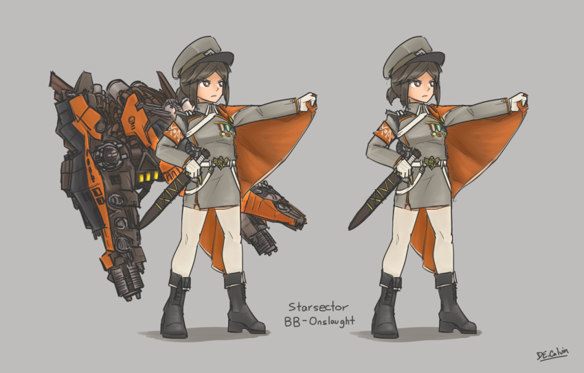 2girls, artist_name, boots, brown_eyes, brown_hair, cape, de.calvin, full_body, gradient, grey_background, hat, long_sleeves, military, military_hat, military_uniform, multiple_girls, onslaught_(starsector), peaked_cap, personification, sheath, sheathed, short_hair, standing, starsector, sword, uniform, weapon