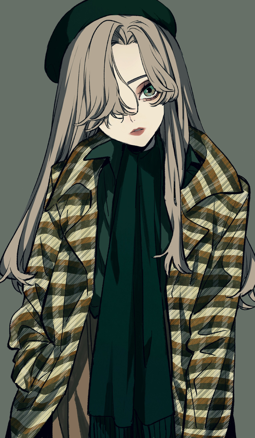 1girl, absurdres, brown_eyeshadow, brown_hair, eyeshadow, green_eyes, green_headwear, green_scarf