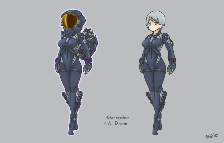 1girl, armor, artist_name, black_bodysuit, bodysuit, breasts, de.calvin, doom_(starsector), full_body, gloves, gradient, grey_background, holding, joints, looking_at_viewer, personification, robot_joints, short_hair, signature, silver_hair, standing, starsector, violet_eyes, weapon