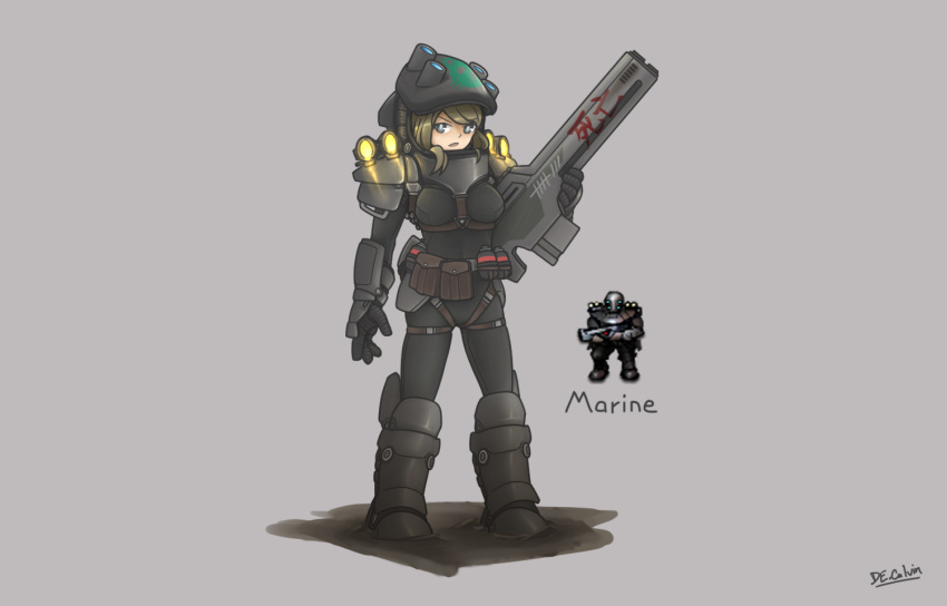 1girl, artist_name, belt, blonde_hair, blue_eyes, boots, breasts, de.calvin, full_body, gloves, gradient, grey_background, gun, hat, helmet, holding, large_breasts, looking_at_viewer, marine_(starsector), medium_breasts, pouch, short_hair, smile, solo, standing, starsector, weapon