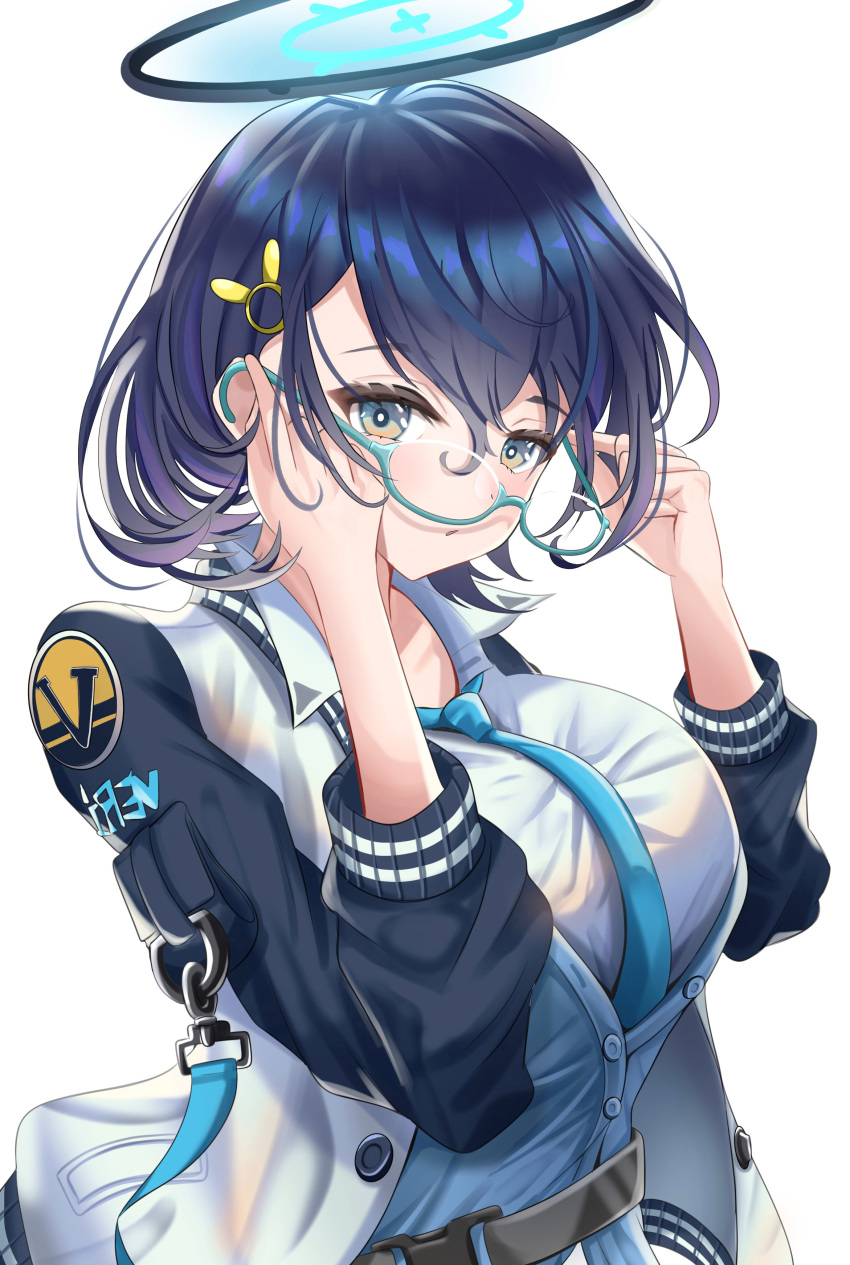 1girl, :o, absurdres, adjusting_eyewear, aqua-framed_eyewear, aqua_necktie, azuma_(sospower73), blue_archive