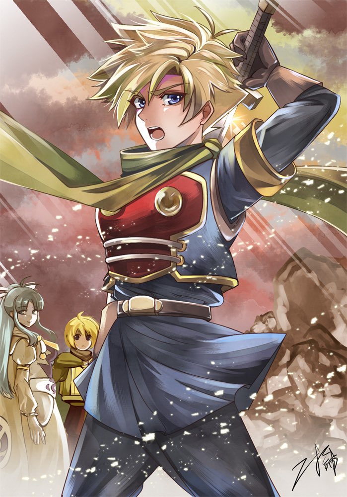 1girl, 2boys, blue_eyes, blue_hair, brown_hair, cape, closed_mouth, clouds