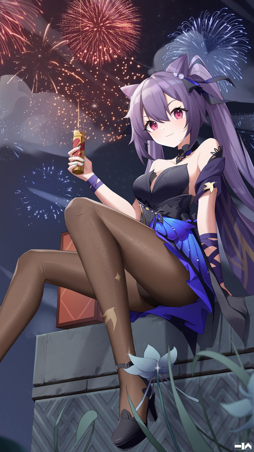 1girl, absurdres, bare_shoulders, black_legwear, double_bun, dress, enoch_(enoch1368), firecrackers