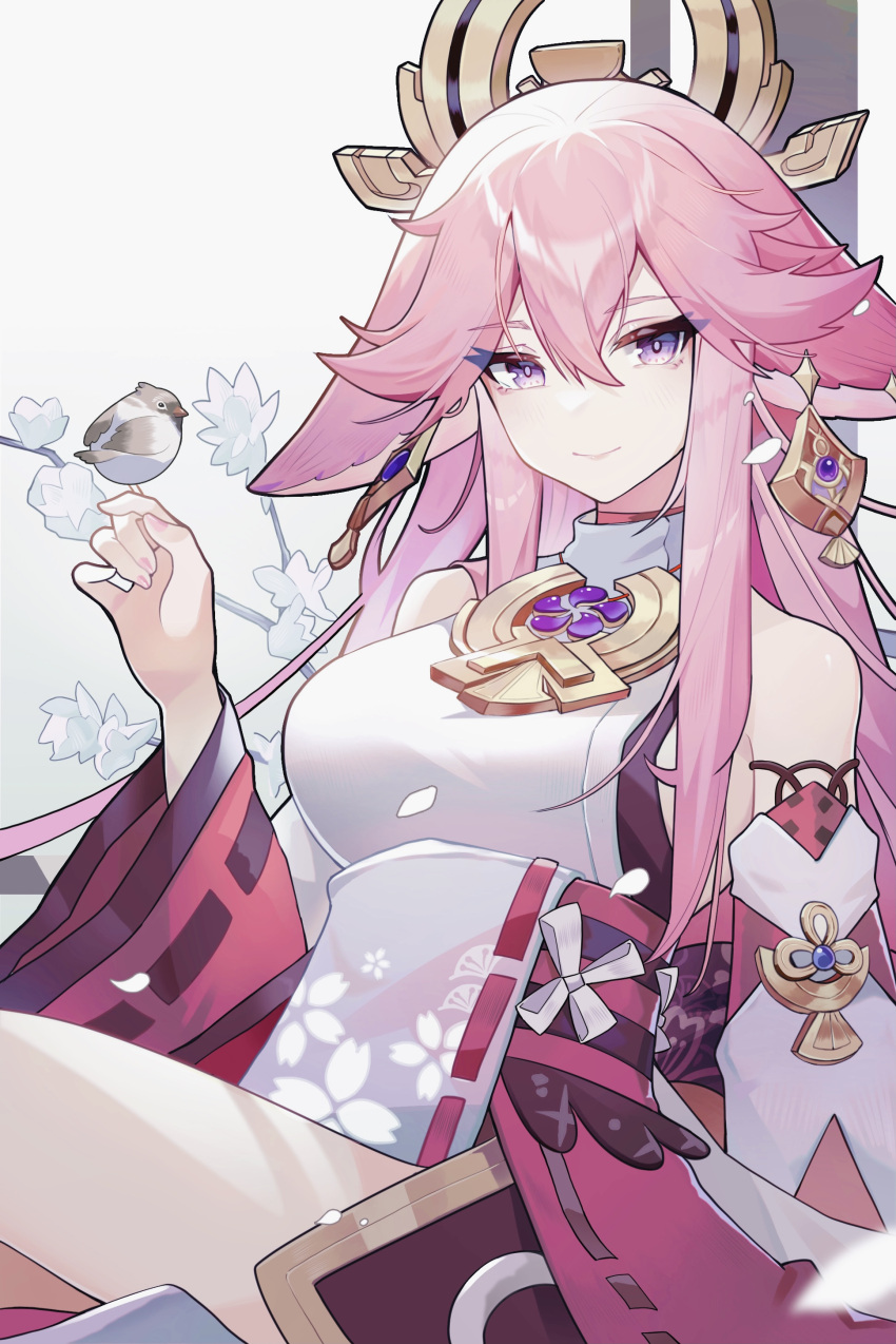 1girl, absurdres, bare_shoulders, bird, breasts, cgd-orange, genshin_impact, hair_between_eyes