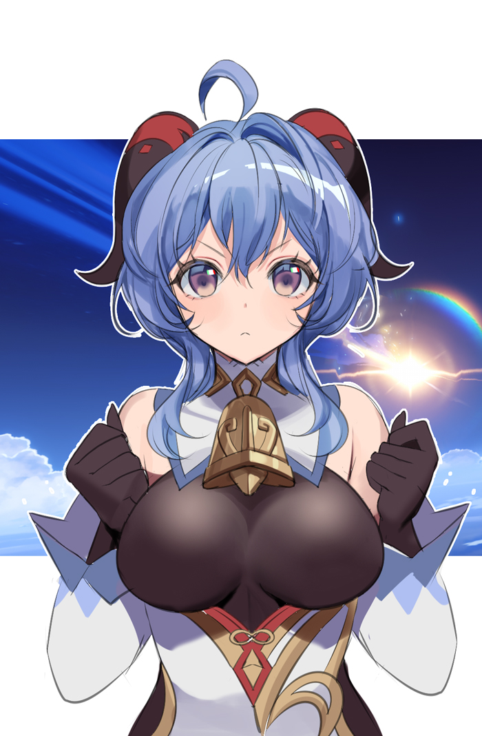 1girl, bare_shoulders, bell, black_gloves, blue_hair, blue_sky, breasts, clenched_hands