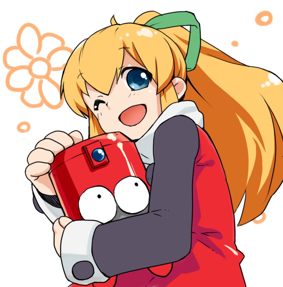 1girl, blonde_hair, blue_eyes, dress, eddie_(mega_man), green_ribbon, hair_ribbon, long_hair