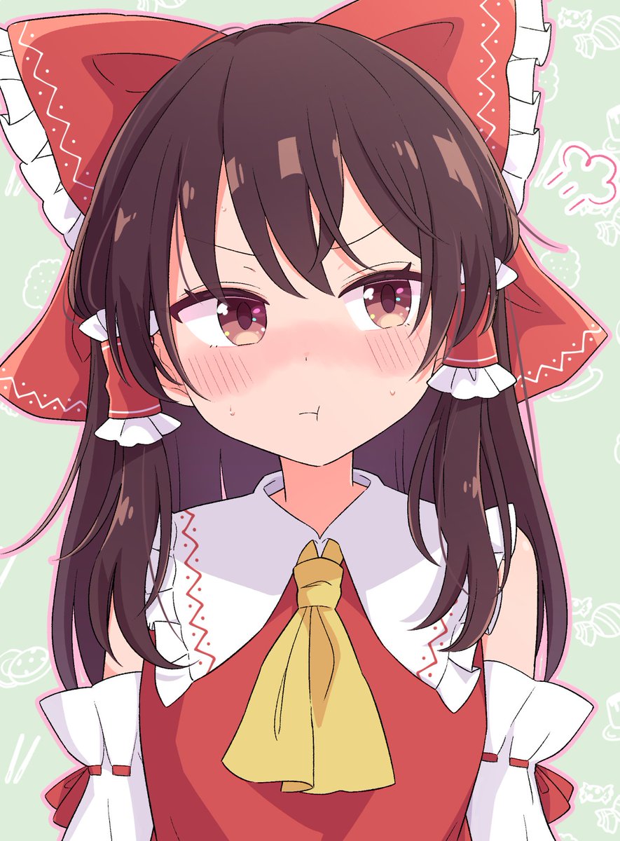 1girl, :t, =3, arms_at_sides, ascot, bare_shoulders, black_hair, blush