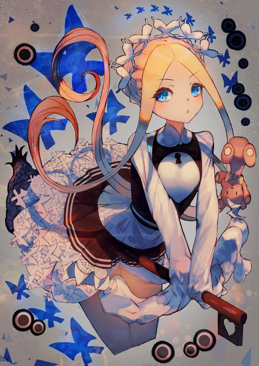abigail_williams_(fate), absurdres, animal, blonde_hair, blue_butterfly, blue_eyes, blush, bow