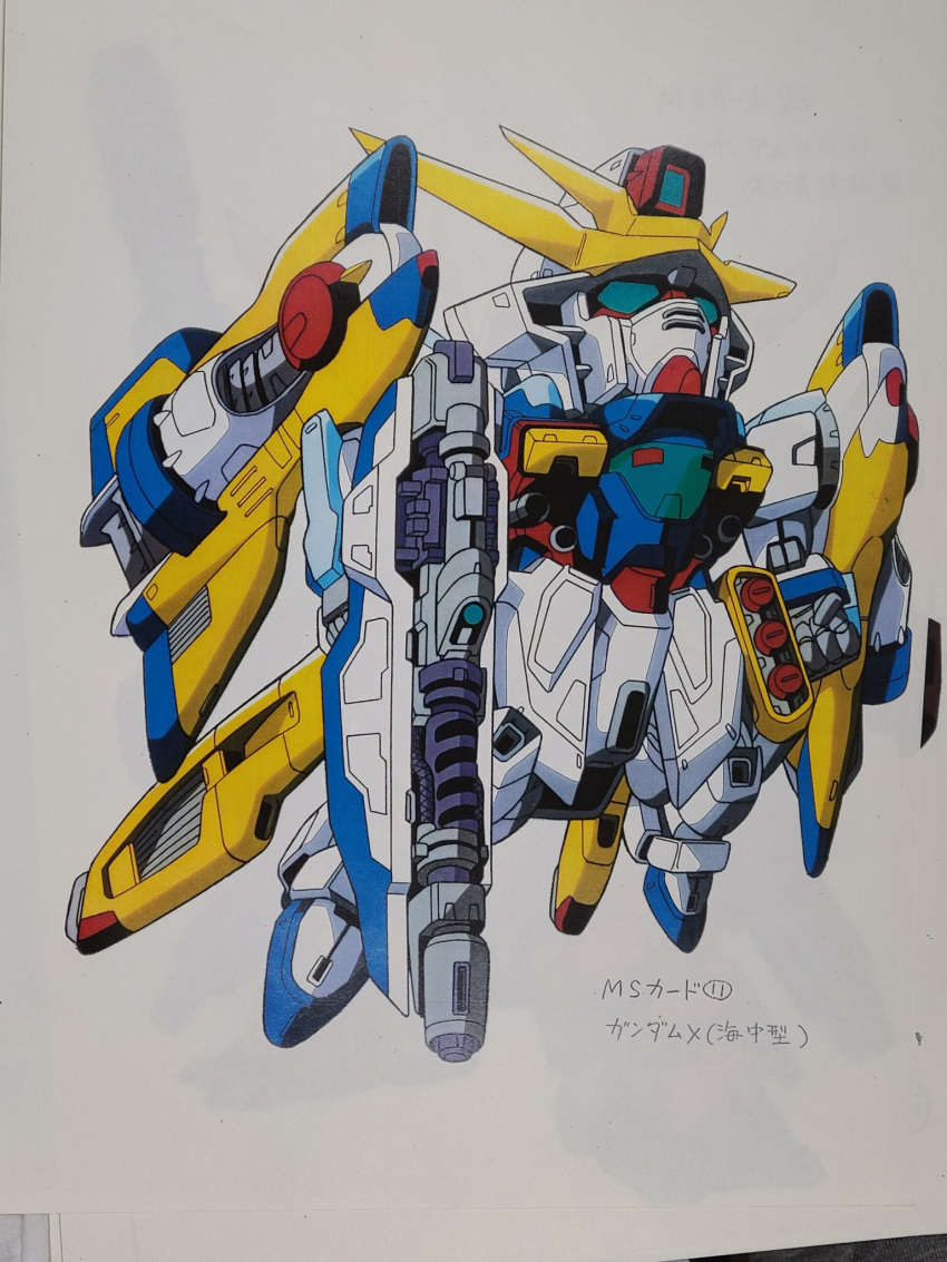 after_war_gundam_x, blue_eyes, chibi, clenched_hand, gun, gundam, gundam_combat, gundam_x_(aqua_type)