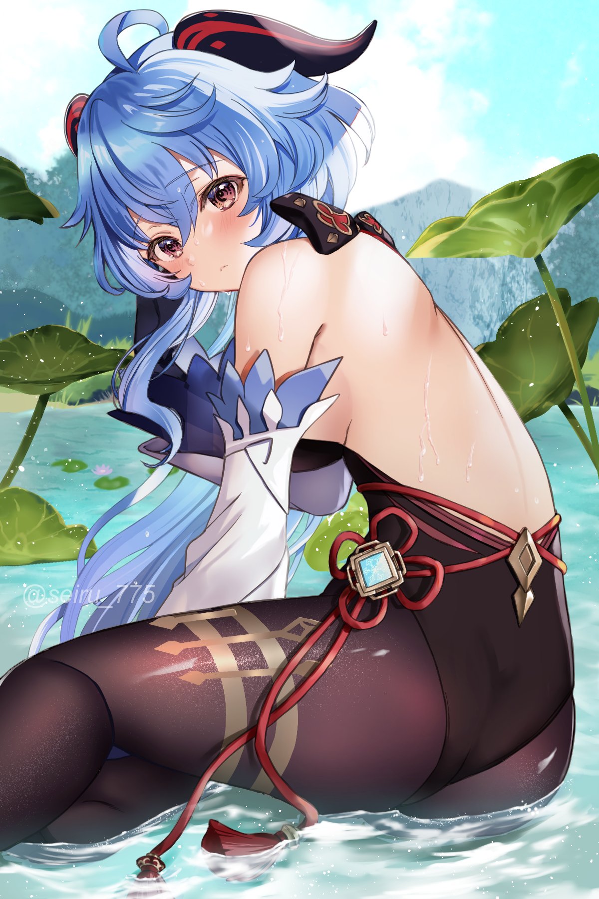 1girl, ahoge, bangs, bare_shoulders, black_legwear, blue_hair, blush, breasts