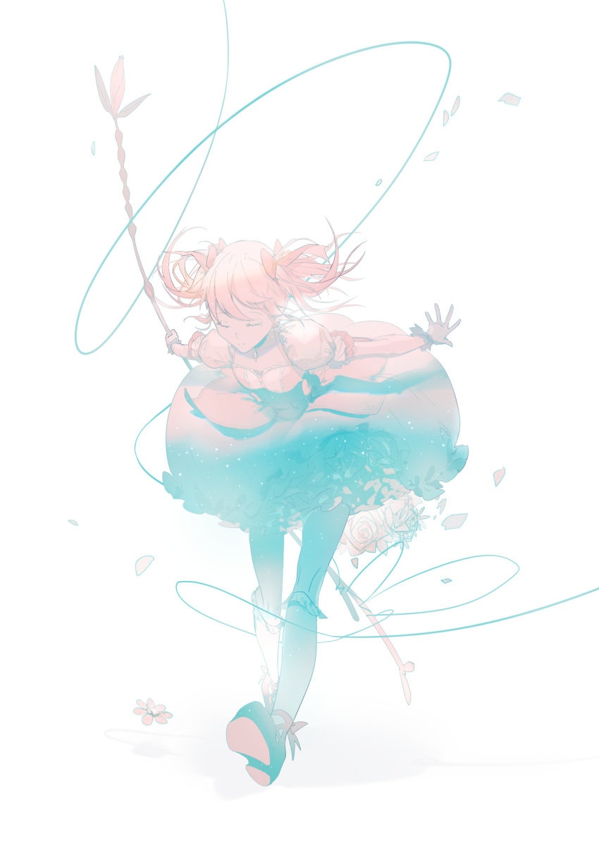 1girl, absurdres, ankle_ribbon, arms_at_sides, bobby_socks, bow_(weapon), breasts, bubble_skirt