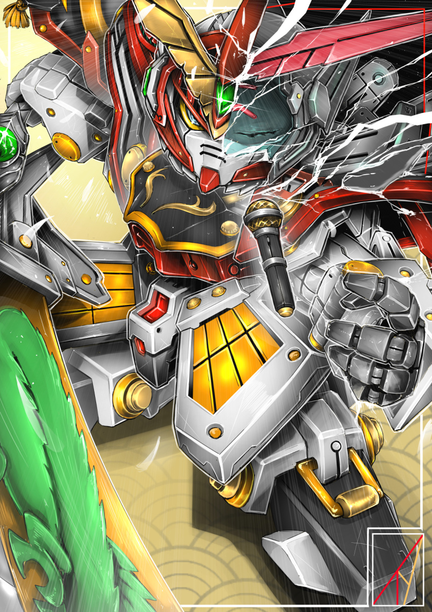 colored_sclera, denjyou23, green_eyes, gundam, highres, holding, holding_sword, holding_weapon