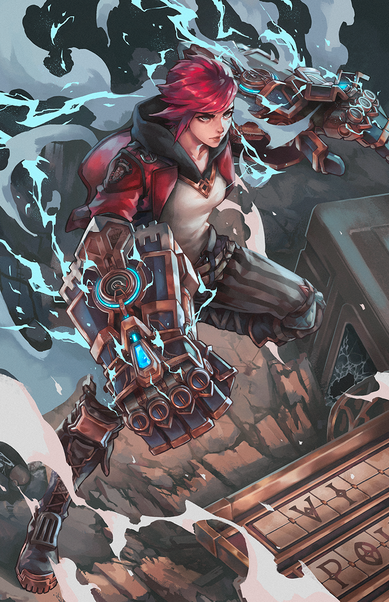 1girl, arcane:_league_of_legends, arcane_vi, boots, electricity, facial_tattoo, gauntlets, hammling