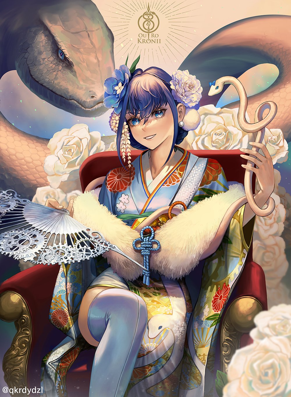 1girl, animal, bangs, blue_hair, blue_kimono, boros_(ouro_kronii), character_name, english_commentary