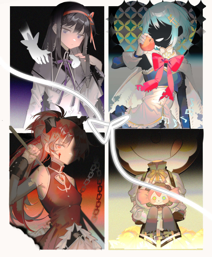 5girls, absurdres, akemi_homura, apple, black_background, black_capelet, black_hair, black_ribbon