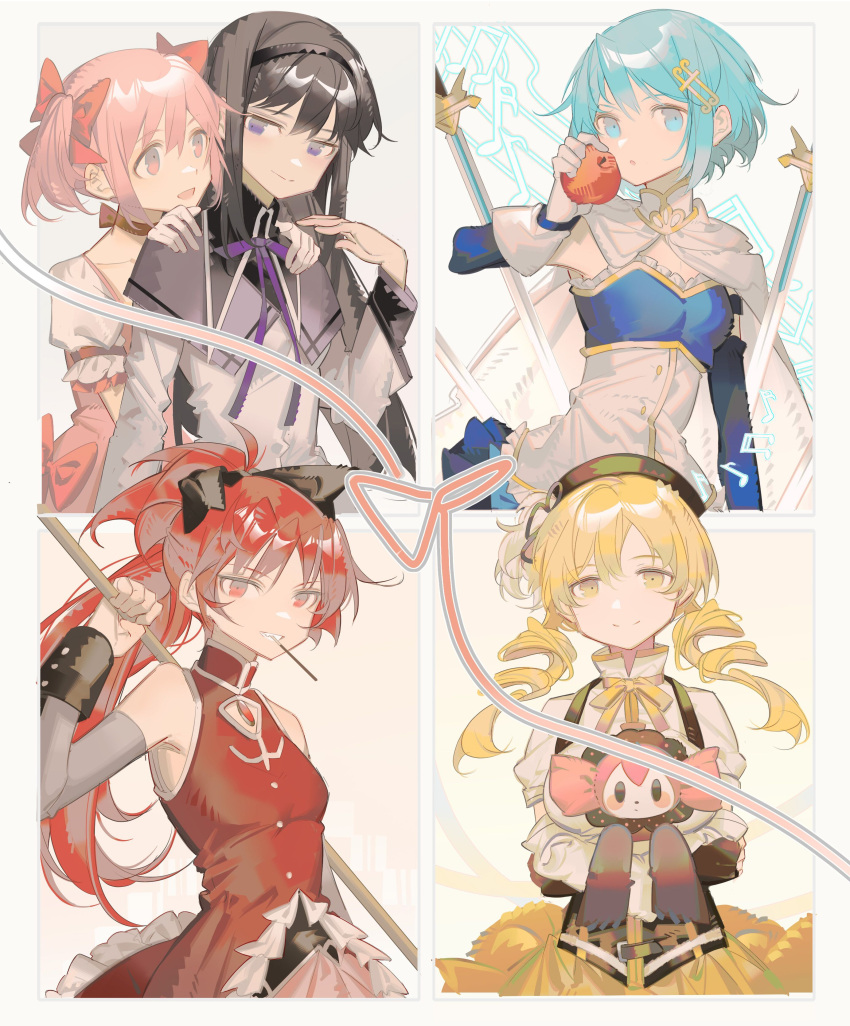 5girls, absurdres, akemi_homura, apple, black_capelet, black_hair, black_hairband, black_ribbon