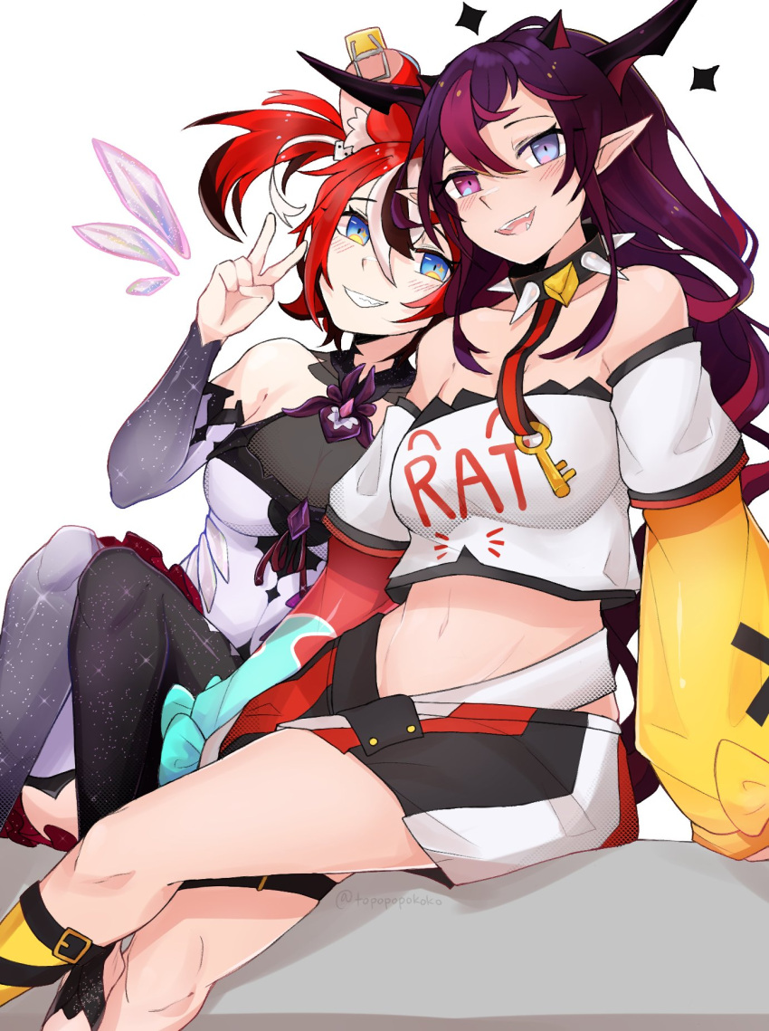 animal_ears, bangs, black_hair, blue_eyes, collar, cosplay, costume_switch, detached_sleeves, hair_ornament, hakos_baelz, hakos_baelz_(cosplay), heterochromia, highres, hololive, hololive_english, horns, irys_(hololive), irys_(hololive)_(cosplay), key, long_hair, midriff, mouse_ears, mouse_girl, mouse_tail, multicolored_hair, multiple_girls, open_mouth, pointy_ears, purple_hair, redhead, smile, spiked_collar, spikes, streaked_hair, tail, topopopokoko, twintails, violet_eyes, virtual_youtuber, white_hair, wings