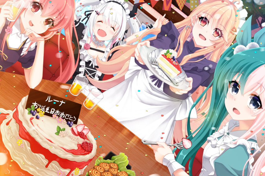 4girls, apron, blonde_hair, blue_eyes, blue_hair, blush, bourei_rabbi, cake, closed_eyes, food, highres, hkvtopia, kisaragi_rumii, looking_at_viewer, luna_unfc, maid, maid_apron, maid_headdress, mochitsugi_luna, multicolored_hair, multiple_girls, mya_(vtuber), pale_skin, pink_hair, red_eyes, smile, split-color_hair, twintails, white_hair