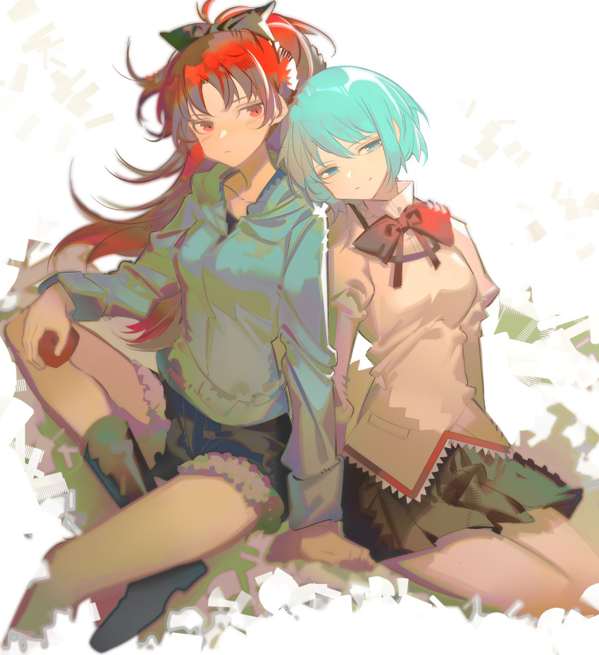 2girls, absurdres, apple, black_footwear, black_skirt, blue_eyes, blue_hair, blue_hoodie