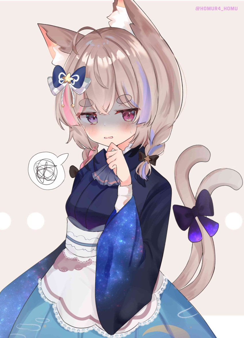 animal_ears, blonde_hair, blue_hair, blush, bow, cat_ears, cat_girl, cat_tail