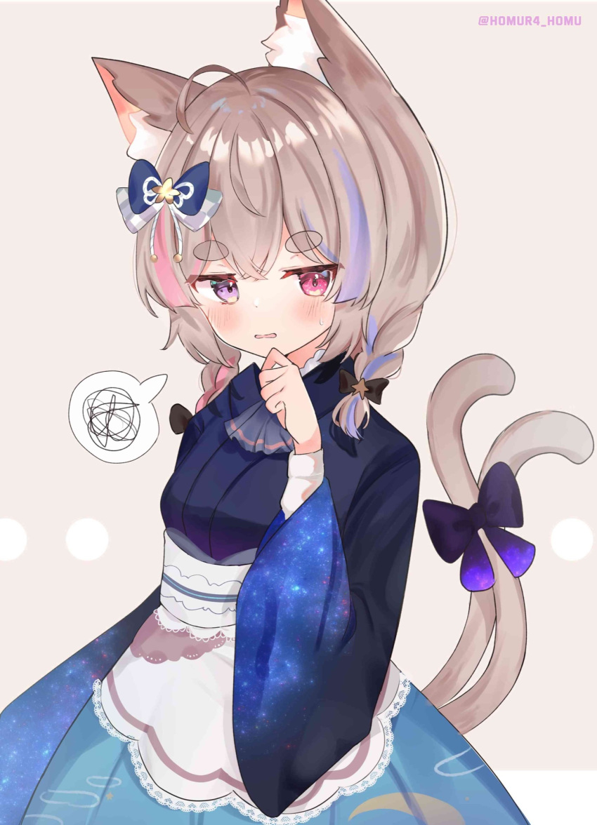 animal_ears, blonde_hair, blue_hair, blush, bow, cat_ears, cat_girl, cat_tail