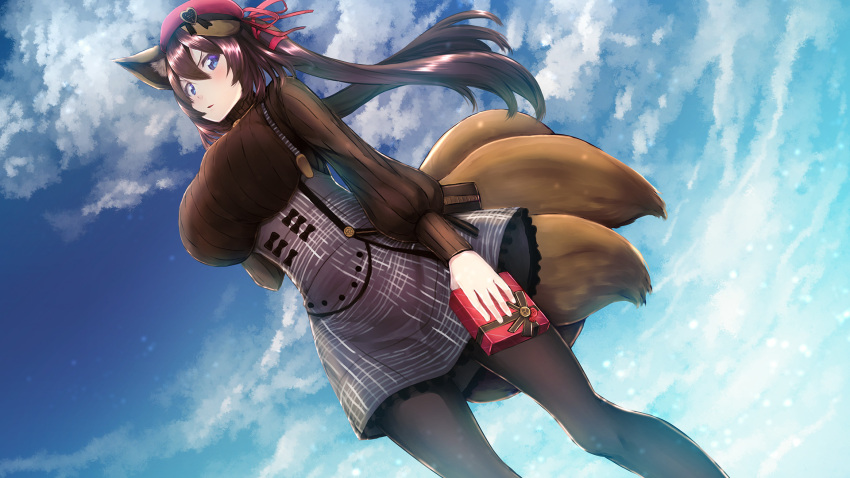1girl, animal_ear_fluff, animal_ears, black_legwear, blue_eyes, breasts, brown_hair, caleen_keemosn