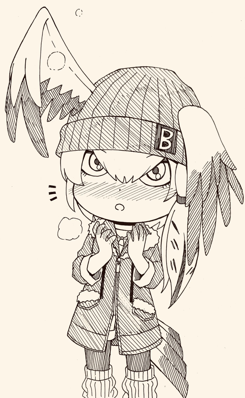 1girl, alternate_costume, bangs, beanie, bird_girl, bird_tail, bird_wings, blush, chibi, coat, cold, feet_out_of_frame, fur_trim, hair_between_eyes, hat, head_wings, highres, kemono_friends, leggings, legwear_under_shorts, long_bangs, long_hair, looking_at_object, looking_up, monochrome, multicolored_hair, nose_blush, pocket, rakugaki_arai, shoebill_(kemono_friends), shorts, side_ponytail, snowing, solo, standing, tail, wings, wings_through_headwear