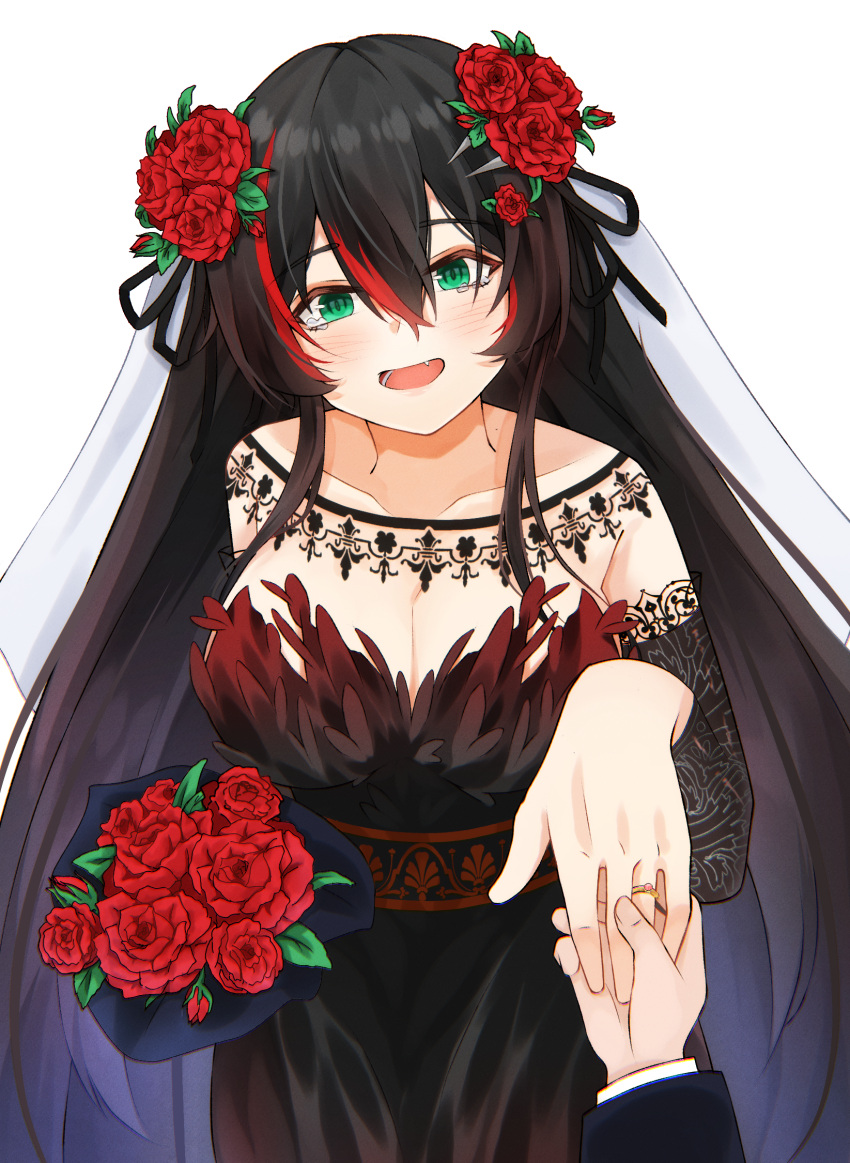 1boy, 1girl, black_dress, black_jacket, blush, breasts, bridal_veil, collarbone