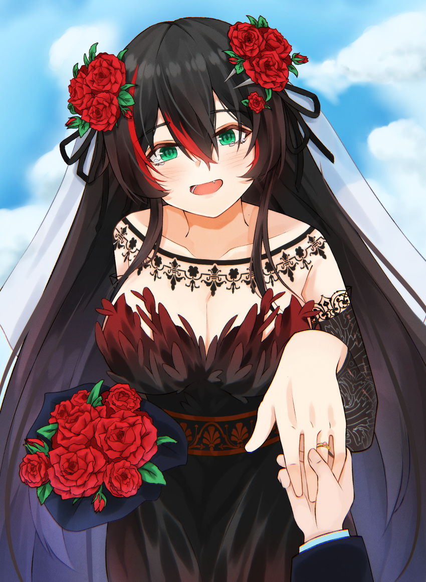 1boy, 1girl, black_dress, black_jacket, blush, breasts, bridal_veil, clouds