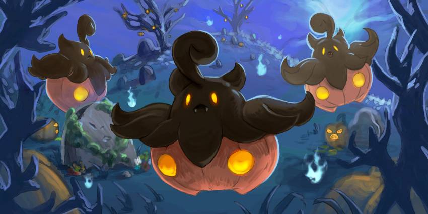 :<, absurdres, bare_tree, closed_mouth, fangs, fangs_out, highres, hill, jack-o'-lantern, jjfsantos, moss, night, no_humans, orange_eyes, outdoors, pokemon, pokemon_(creature), pumpkaboo, tombstone, tree