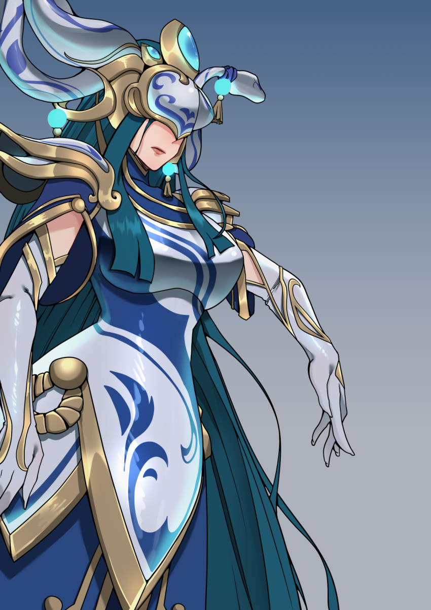 1girl, armor, black_hair, blue_background, blue_dress, breasts, closed_mouth, dress