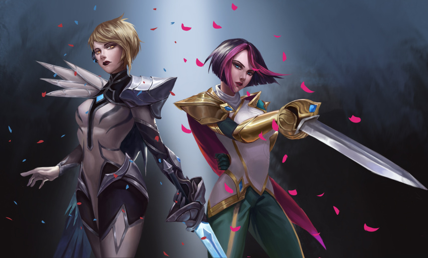 2girls, absurdres, arm_behind_back, armor, bangs, black_background, black_bodysuit, black_gloves