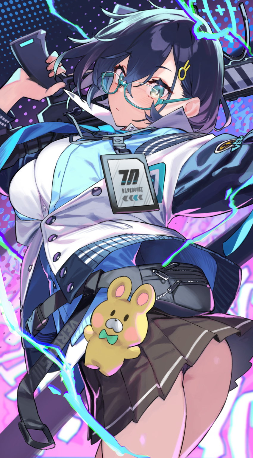 1girl, 92m, ass, bangs, black_hair, blue-framed_eyewear, blue_archive, blue_cardigan, blue_eyes, blush, breasts, bunny_hair_ornament, cardigan, chihiro_(blue_archive), closed_mouth, glasses, gun, hair_ornament, hairclip, halo, highres, holding, holding_weapon, id_card, jacket, large_breasts, long_sleeves, looking_at_viewer, necktie, open_clothes, open_jacket, partially_unbuttoned, rabbit, reward_available, rifle, school_uniform, shirt, short_hair, skirt, solo, stuffed_animal, stuffed_bunny, stuffed_toy, weapon, white_shirt