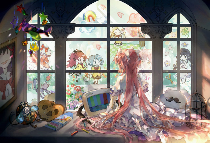 akemi_homura, anja_(madoka_magica), anthony_(madoka_magica), birdcage, cage, cookie, crayon, familiar_(madoka_magica), food, goddess_madoka, h.n.elly_(kirsten), highres, kaname_madoka, mahou_shoujo_madoka_magica, mahou_shoujo_madoka_magica_movie, miki_sayaka, pink_hair, portrait_(object), pyotr_(madoka_magica), ribbon, sakura_kyouko, siren_owk, tomoe_mami, window