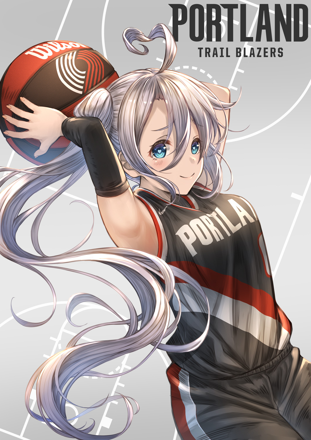 1girl, ahoge, arm_warmers, armpits, arms_behind_head, arms_up, azur_lane, ball