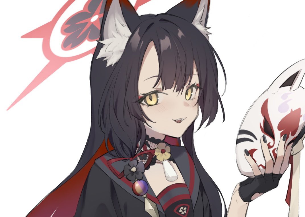 1girl, animal_ear_fluff, animal_ears, bangs, black_gloves, black_hair, black_nails, blue_archive, fangs, fingerless_gloves, flower, flower_brooch, fox_ears, fox_mask, from_side, gloves, hair_between_eyes, hair_flower, hair_ornament, hair_ribbon, hakuhatsu, halo, holding, holding_mask, long_hair, looking_at_viewer, mask, parted_lips, portrait, red_ribbon, ribbon, simple_background, smile, solo, wakamo_(blue_archive), white_background, yellow_eyes