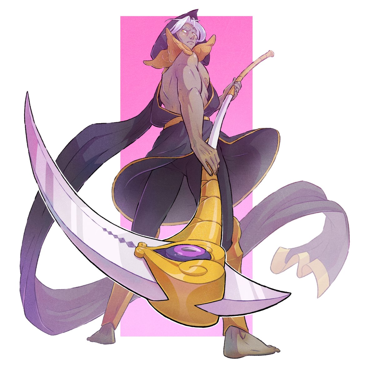 1boy, barefoot, black_nails, dark-skinned_male, dark_skin, english_commentary, foreshortening, greek_clothes, hades_(game), highres, hood, hood_up, jamie_loughran, leggings, looking_back, male_focus, scythe, thanatos_(hades), white_hair, yellow_eyes