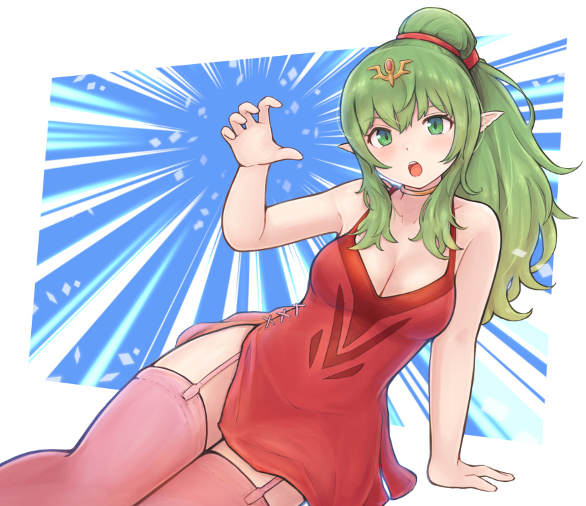 1girl, claw_pose, dress, fire_emblem, fire_emblem_awakening, garter_straps, green_eyes, green_hair, highres, kutabireta_neko, long_hair, looking_at_viewer, older, pink_legwear, pointy_ears, ponytail, red_dress, short_dress, side_slit, solo, thigh-highs, tiara, tiki_(fire_emblem)